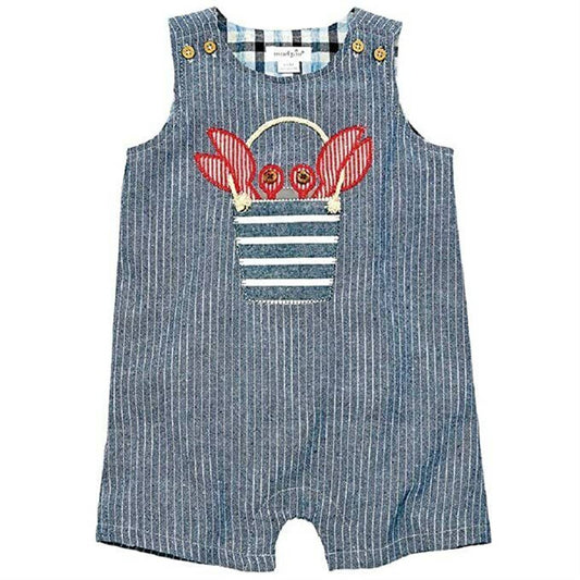 MUD PIE, Striped Denim Overalls w/ Lobster Pail Detail, Size 6-9 Months, NWT $28