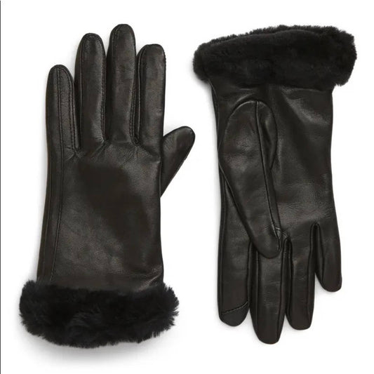 UGG Black Fine Leather Gloves w/ Shearling Trim, Shorty Gloves, Size Small, NWT!
