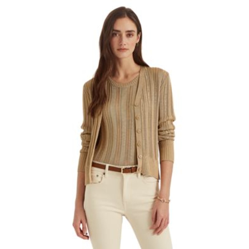 Lauren Ralph Lauren Women's Birch Tan Pointelle Button Up Cardigan Sweater, S