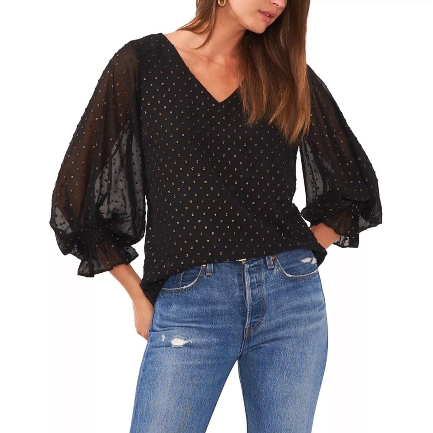 Vince Camuto Black & Gold Polka Dot Blouse w/ Ruffle Sleeves, Textured, NWT