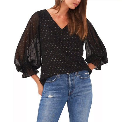 Vince Camuto Black & Gold Polka Dot Blouse w/ Ruffle Sleeves, Textured, NWT