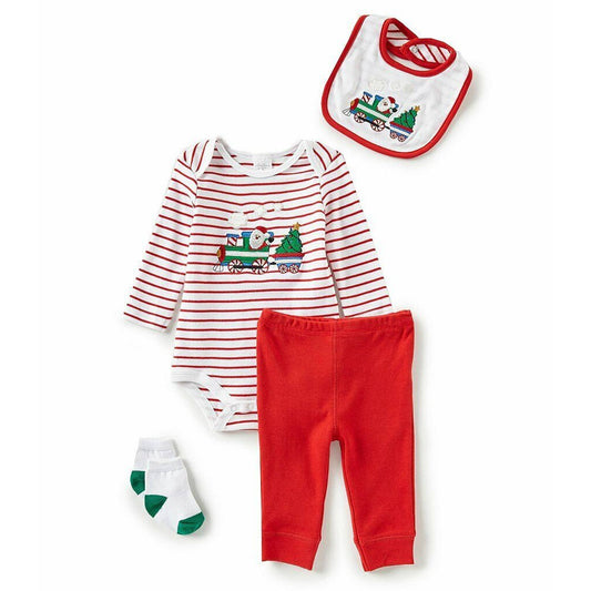 STARTING OUT Baby Boys Bodysuit Pant Bib Sock Set 4 Pc, Christmas Train, NWT