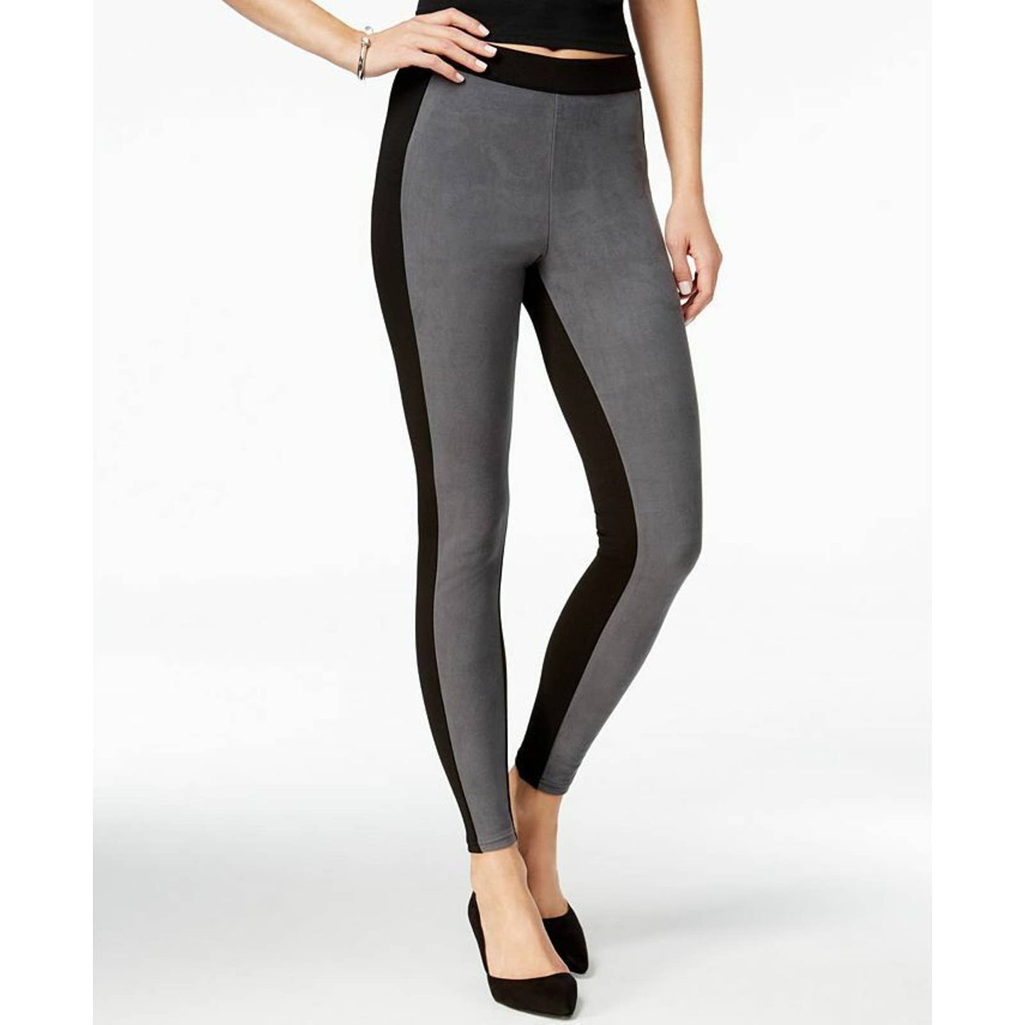 HUE LADIES MICROSUEDE COLORBLOCKED LEGGINGS, BLACK GRAY NWT, $48