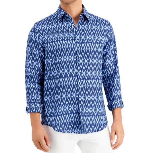 Club Room Men's Navy Blue Ikat Breeze Linen Button Down Shirt, Size Medium, NWT!