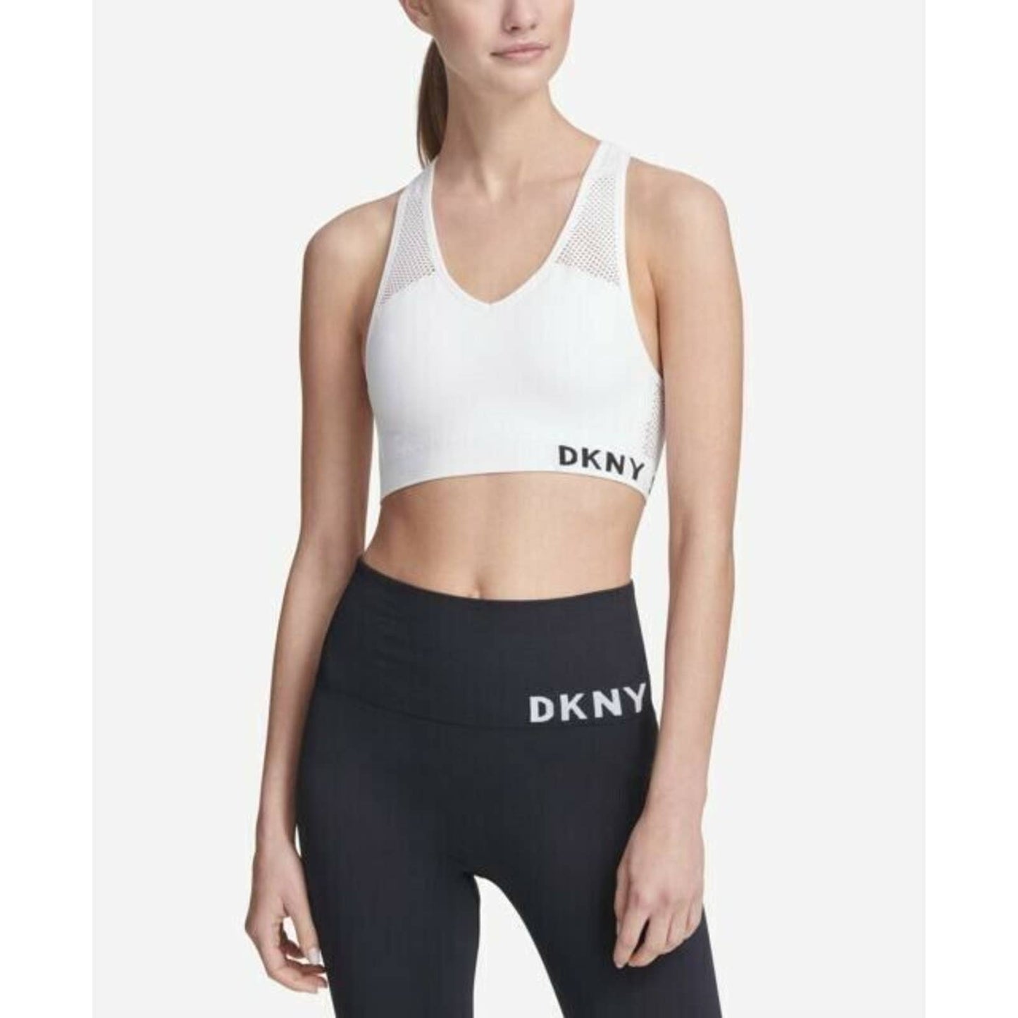 DKNY Mesh Racerback Medium-Impact White Sports Bra, NWT