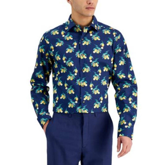 BAR III Men's Navy Blue & Yellow Lemon Print Button Up Shirt, NWT!