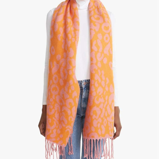 Steve Madden Neon Orange & Pink Cheetah Print Scarf, Tassel Details, One Size