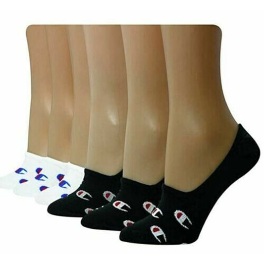 Champion Black & White No Show Liner Socks, Blue & Red Logo, 6 Pack, OSFM