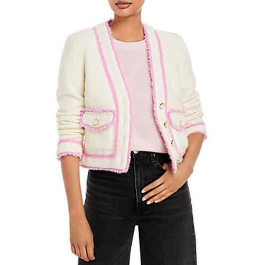 AQUA Ladies White Boucle Jacket w/ Pink Trim, Button Up, Size XS, NWT!
