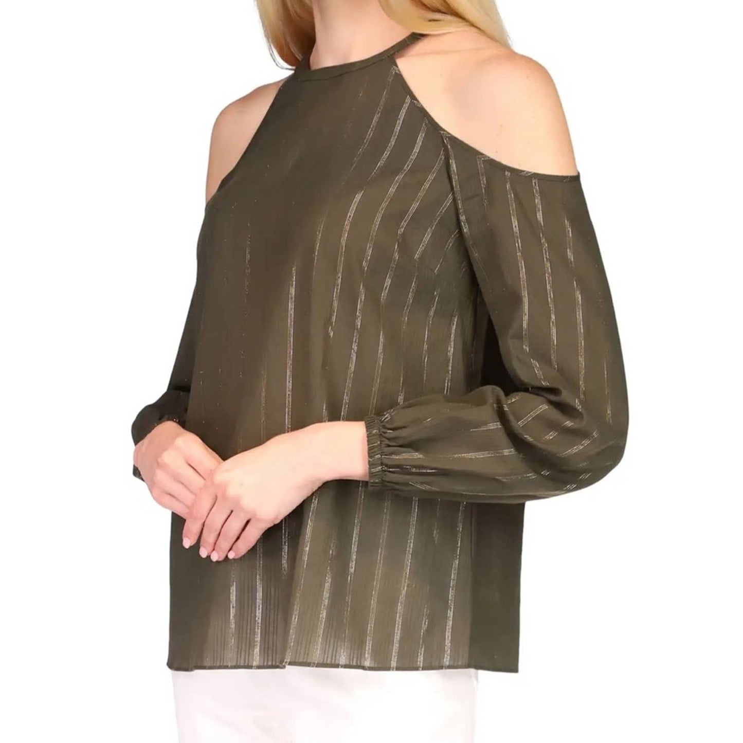 Michael Kors Ivy Green Cold Shoulder Blouse w/ Gold & Silver Glitter Accents NWT