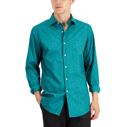 BAR III Men's Emerald Green Sublte Floral Print Button Up Dress Shirt