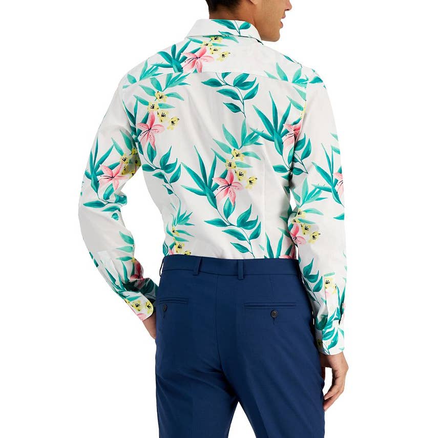 BAR III Men's White & Green Tropical Print Button Down Shirt, NWT!!