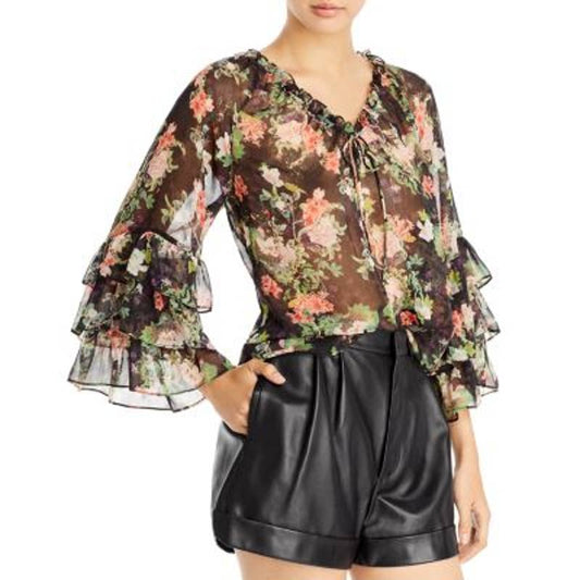 ALICE + OLIVIA Ladies Semi Sheer Ruffle SLeeve Floral Print "Kallie" Blouse