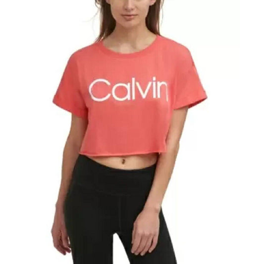 Calvin Klein Womens Cropped Raw Hem Logo T-Shirt Radiance Coral