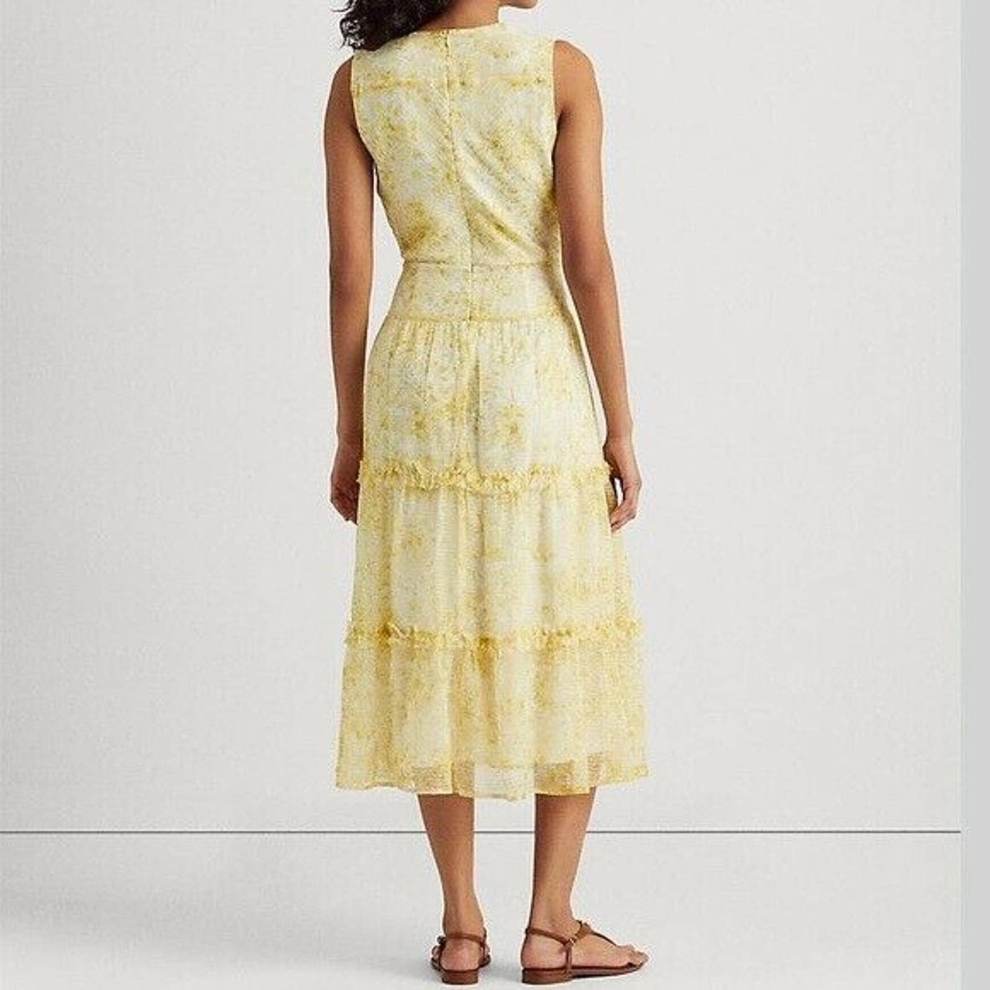 Lauren Ralph Lauren Floral Sleeveless Georgette Midi Dress, Cream Yellow