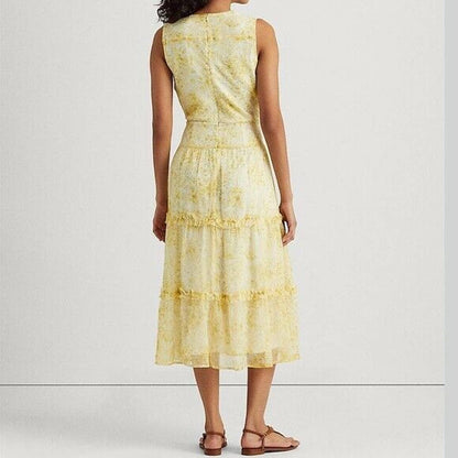Lauren Ralph Lauren Floral Sleeveless Georgette Midi Dress, Cream Yellow