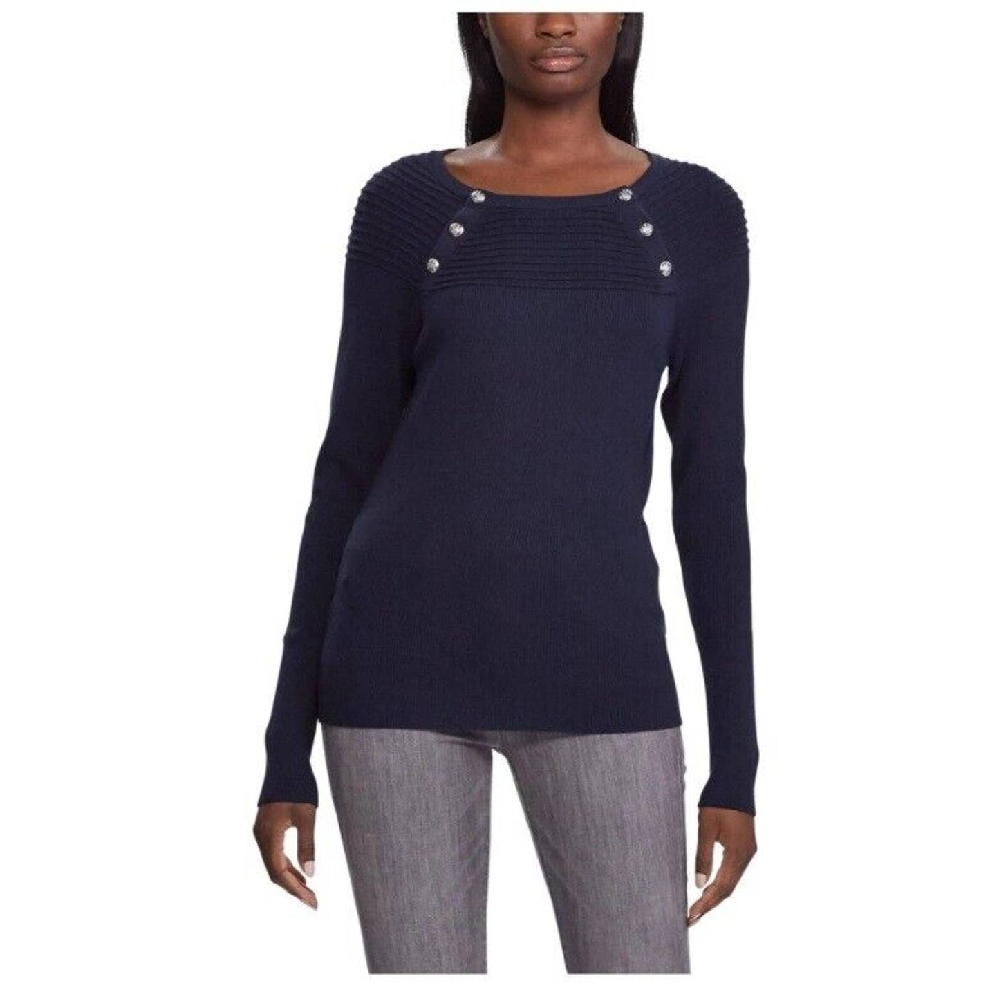 RALPH LAUREN TENISHA LONG SLEEVE RIBBED SWEATER LOGO BUTTON DETAIL, NAVY XL $99