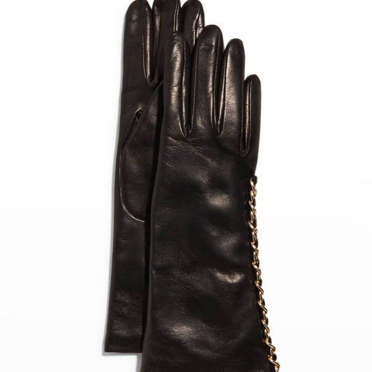 Portolano Black Leather Gloves w/ Gold Chain Trim, Size 7, NWT!