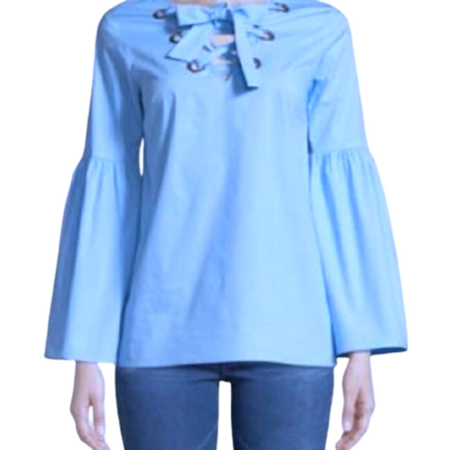 Michael Kors Ladies Pullover, Lace Front, Bell Sleeve Blouse, Oxford Blue