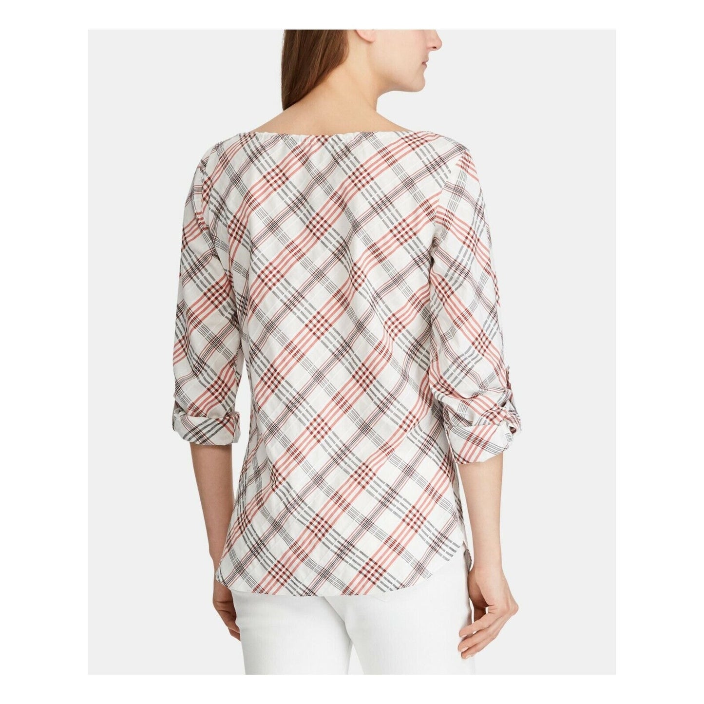 LAUREN RALPH LAUREN LADIES PLAID TIE NECK BLOUSE WHITE RED BLACK, XL, NWT