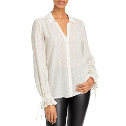 PAIGE Women's White & Silver "Alinah" Button Up V-Neck Blouse