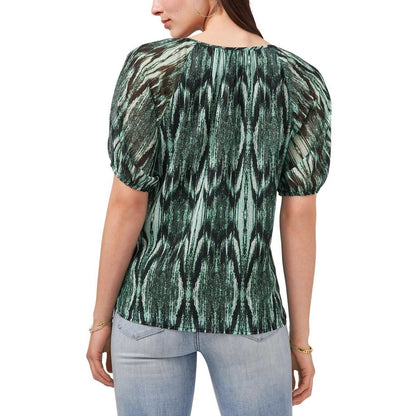 Vince Camuto Green & Black Sheer Blouse w/ Keyhole Detail, Elastic Sleeves