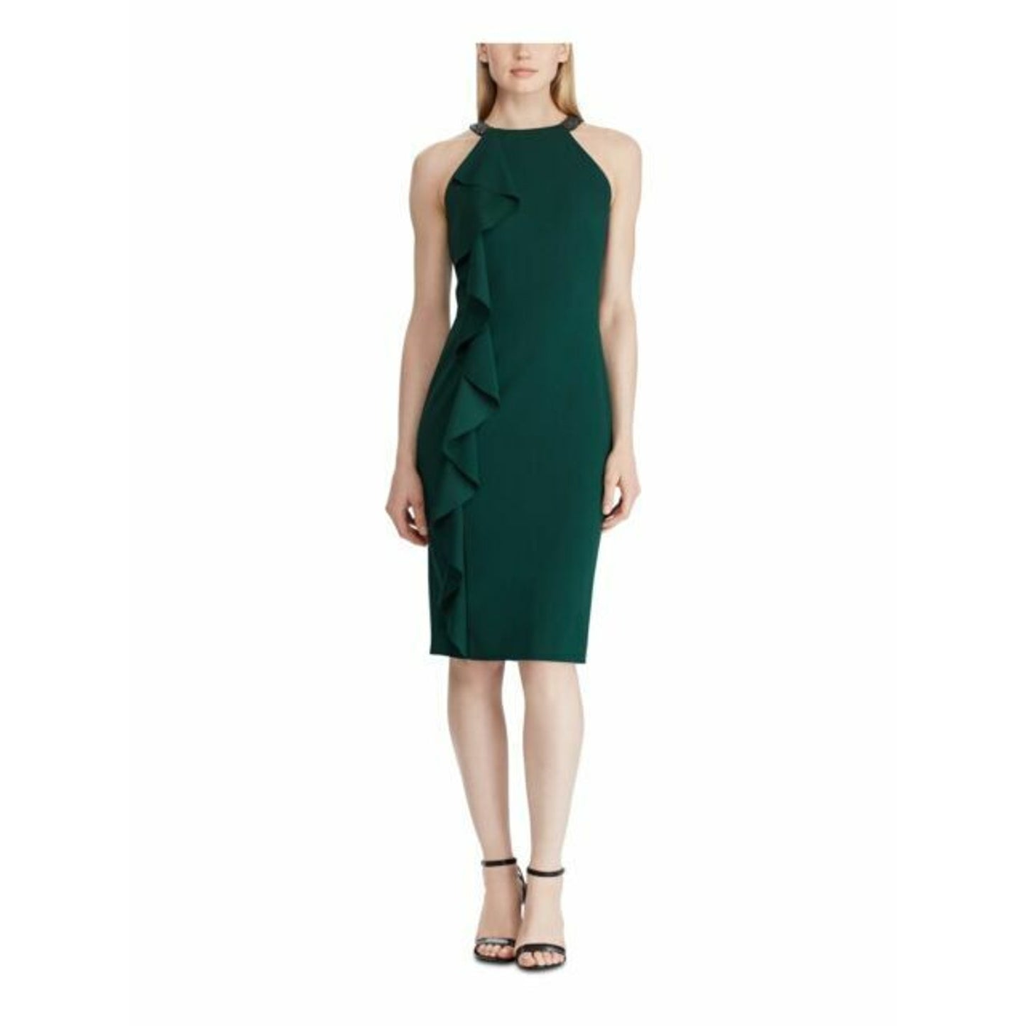 Ralph Lauren "Knoelyn" Green Ruffle Party Halter Dress w/ Beaded Accent Straps