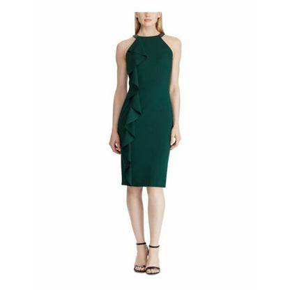 Ralph Lauren "Knoelyn" Green Ruffle Party Halter Dress w/ Beaded Accent Straps