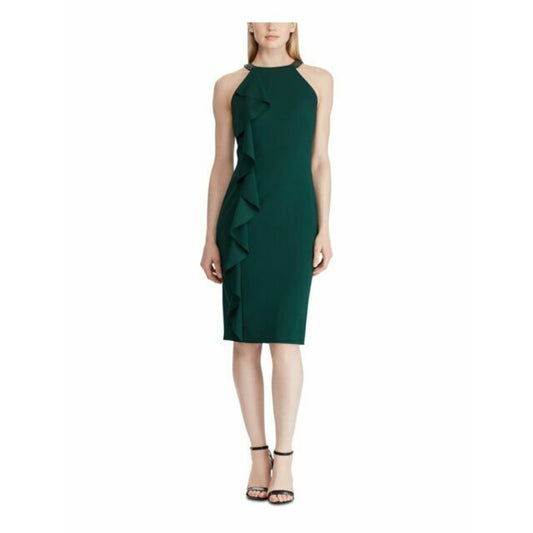 Ralph Lauren "Knoelyn" Green Ruffle Party Halter Dress w/ Beaded Accent Straps