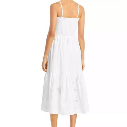 AQUA Ladies White Smocked Eyelet Midi Dress, Adjustable Spaghetti Straps