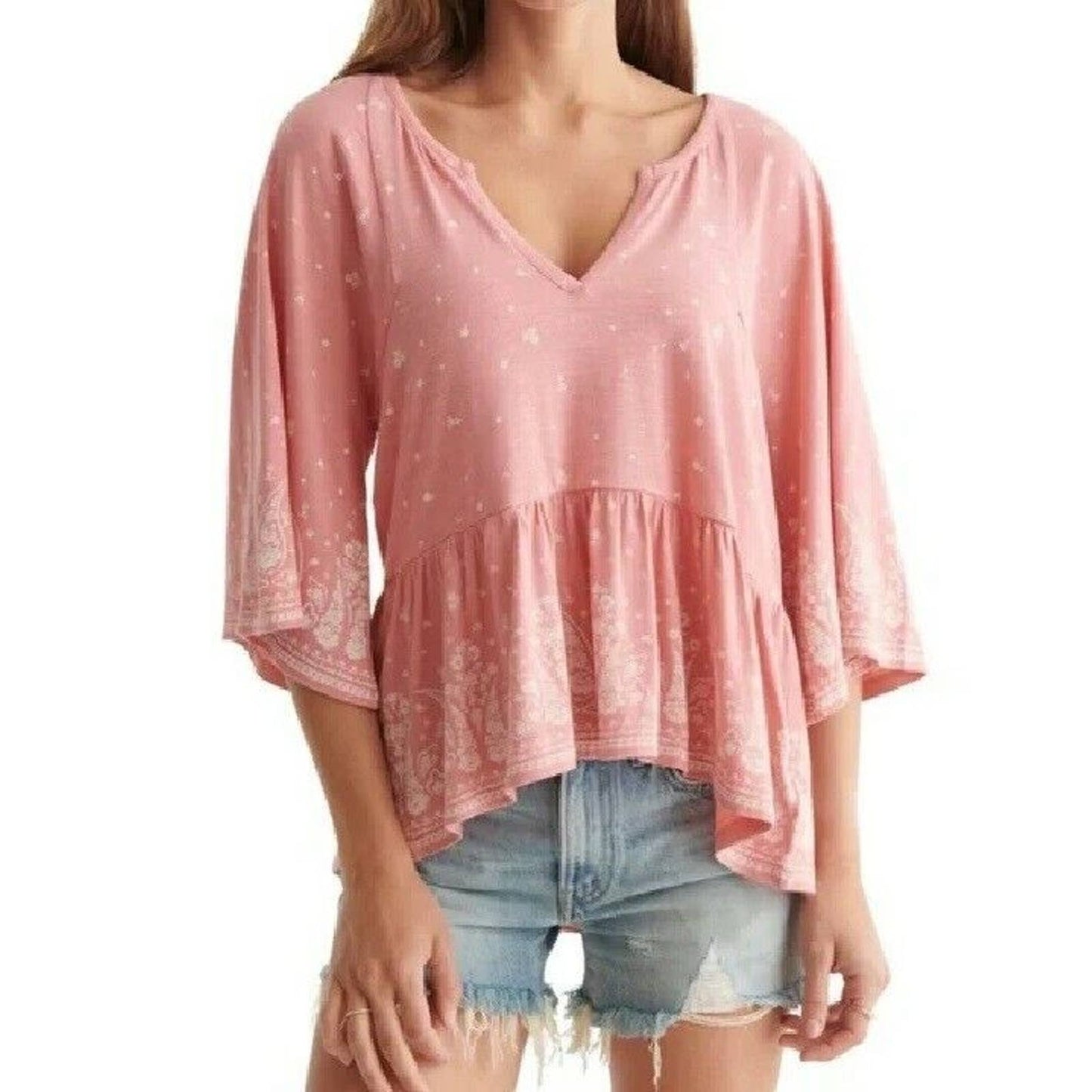 LUCKY BRAND LADIES PULLOVER PEPLUM KNUT TOP, CORAL, M, NWT, $69