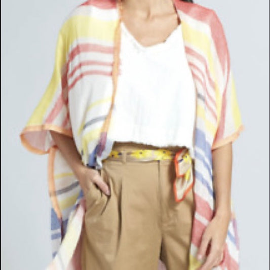 ECHO Multi-Color Diagonal Striped Cardigan Kimono, Yellow, Red, Blue, White