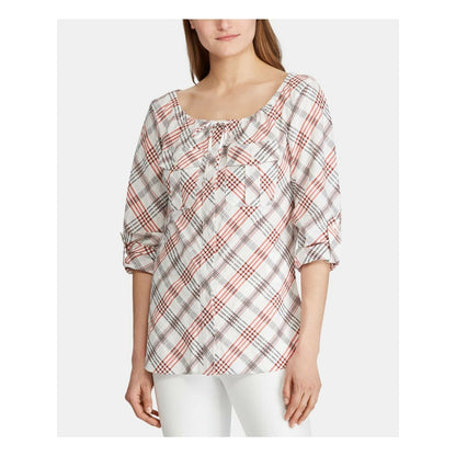 LAUREN RALPH LAUREN LADIES PLAID TIE NECK BLOUSE WHITE RED BLACK