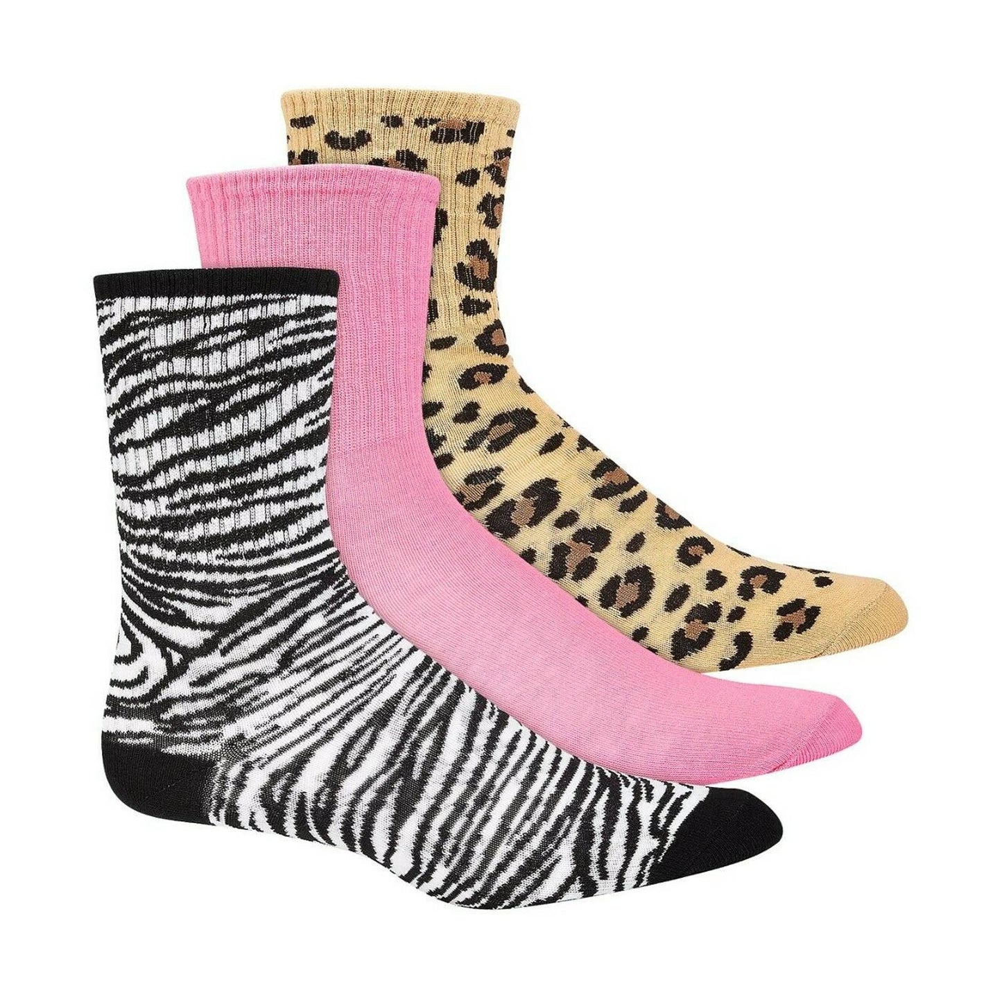 Jenni Women's 3pk Animal-Print Crew Socks, Zebra, Cheetah, Pink, NWT