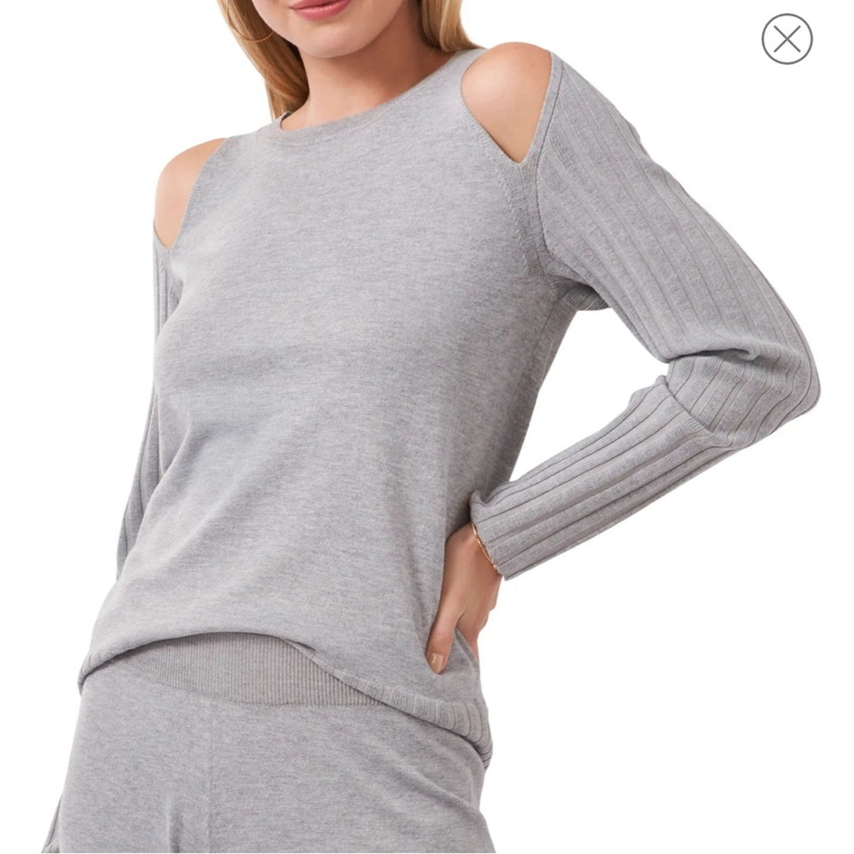 Vince Camuto Light Gray Cold Shoulder Sweater w/ Ribbed Accents, Size M, NWT