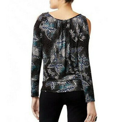 THALIA SODI LADIES EMBELLISHED COLD SHOULDER BLOUSE BLACK FLORAL