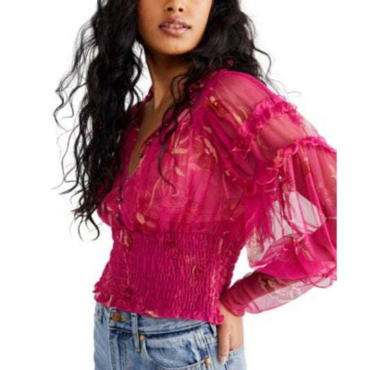 Free People Ladies Hot Pink Smocked Mesh Crop Top, "Time for Shine"