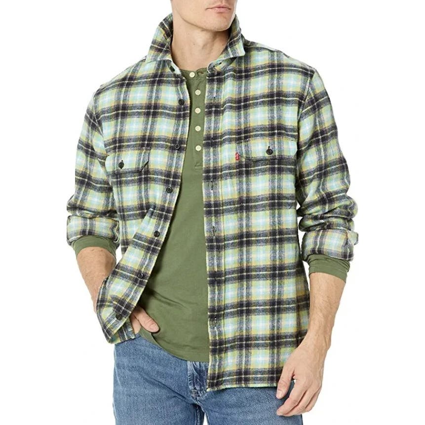 Levi's Men's Classic Worker Relaxed Fit Button Front Shirt, Warm Olive Plaid, Size Small