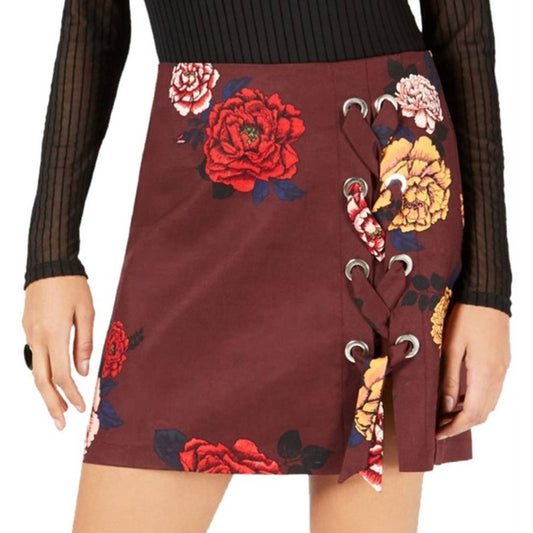 Project 28 NYC Ladies Wine Red Floral Print Mini Skirt w/ Lace Up Accent, XL