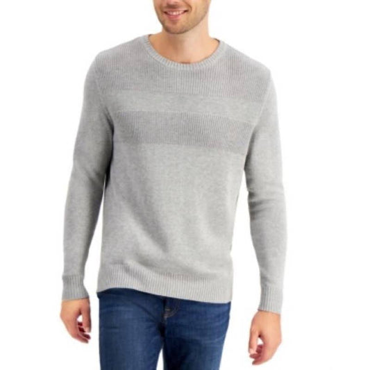 Club Room Men's Textured Soft Gray Heather Cotton Knit Sweater, Size Medium, NWT