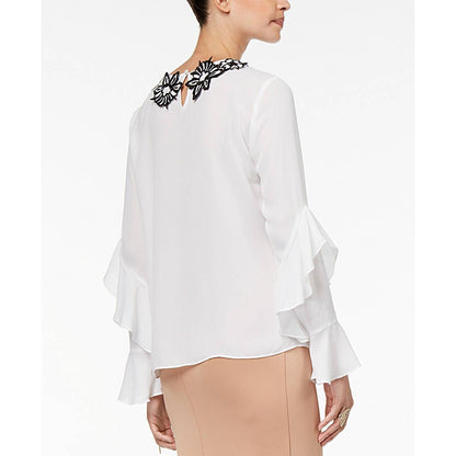 THALIA SODI LADIES RUFFLED APPLIQUE BLOUSE, WHITE, BLACK