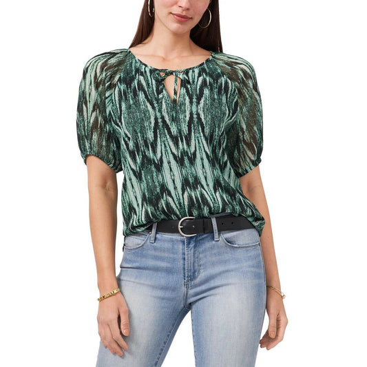 Vince Camuto Green & Black Sheer Blouse w/ Keyhole Detail, Elastic Sleeves