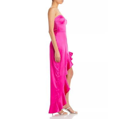 AQUA Ladies Hot Pink Strapless Ruffle Maxi Dress, High Slit in Leg