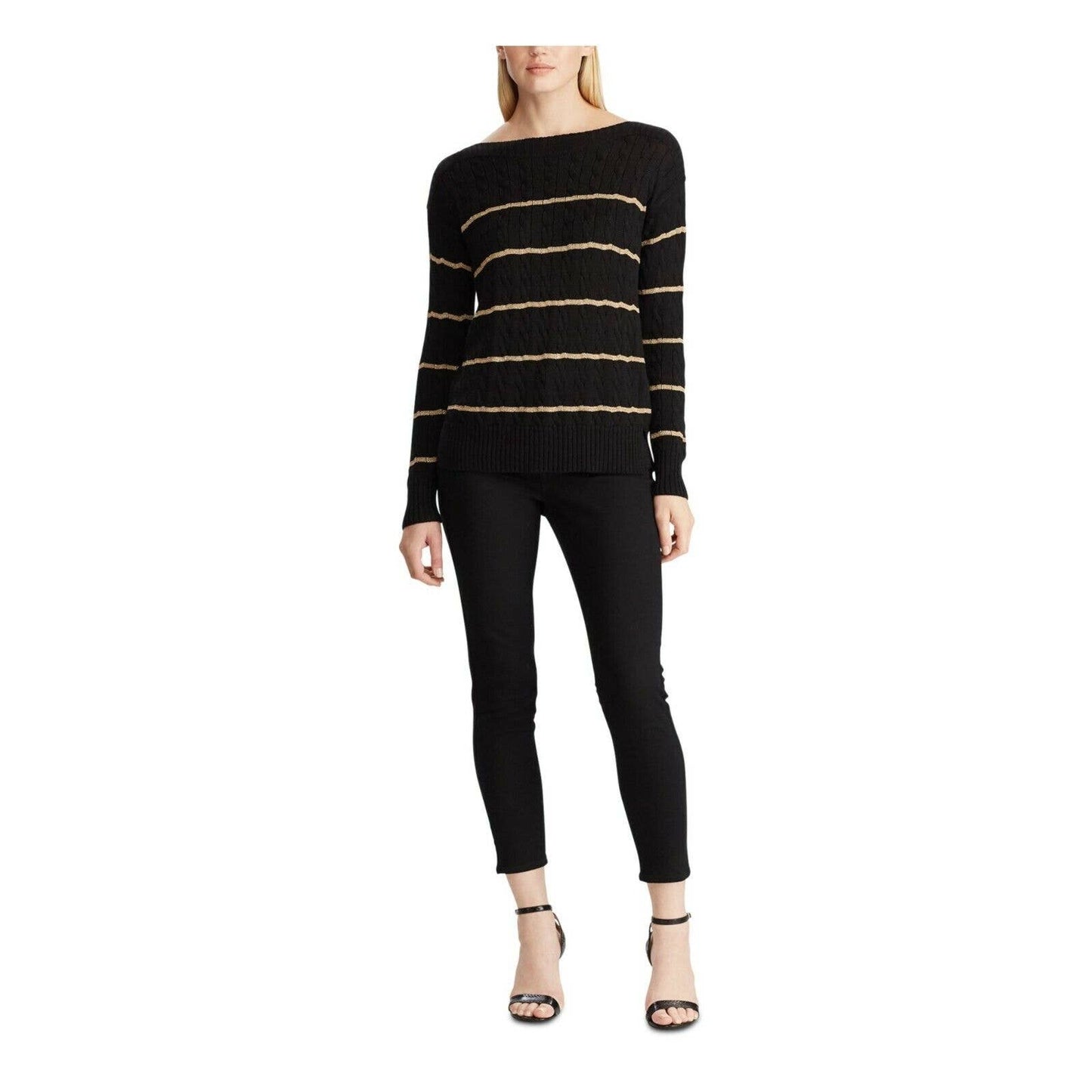 LAUREN RALPH LAUREN LADIES VEDORAH STRIPE SWEATER BOAT NECK BLACK/GOLD NWT $125