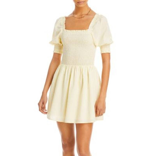 AQUA Ladies Yellow & White Striped Mini Dress, Smocked, NWT!