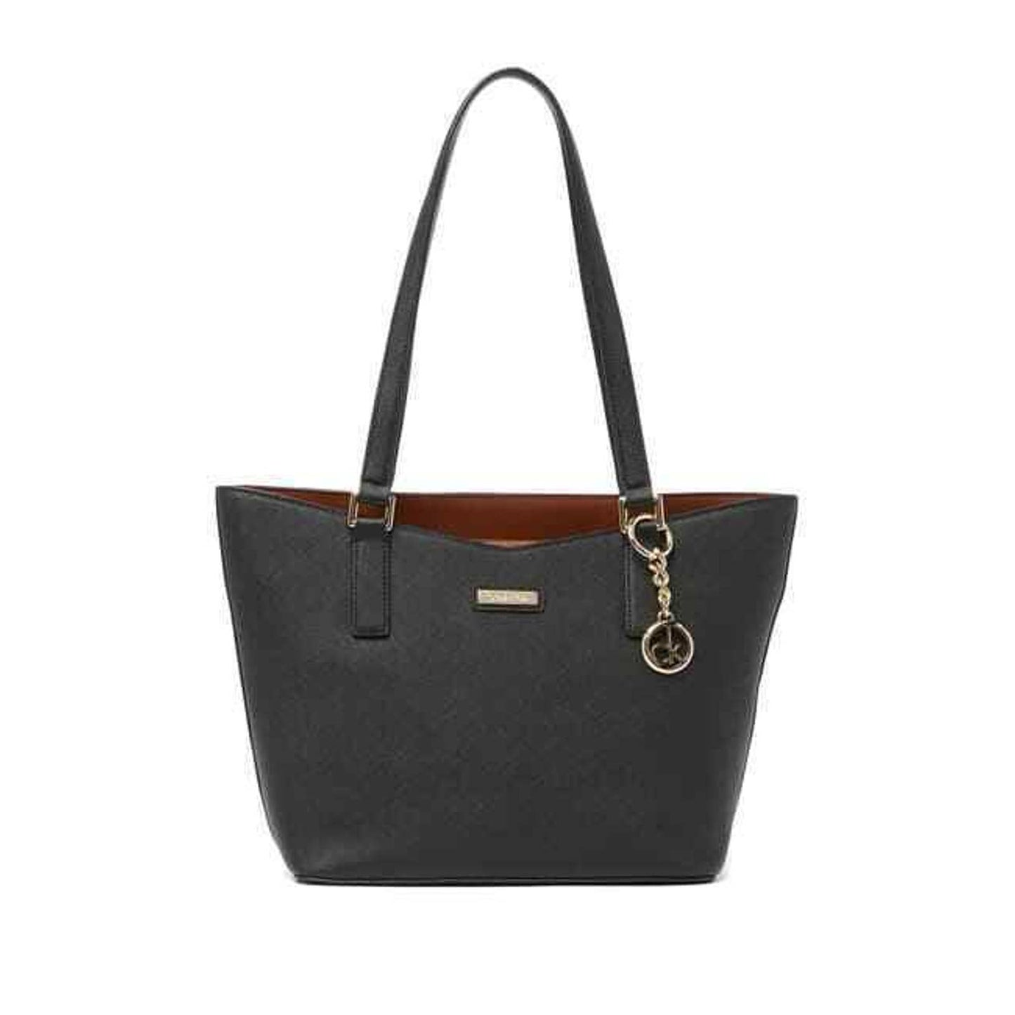 CALVIN KLEIN KEY SAFFIANO LEATHER TOTE DOUBLE STRAP, BLACK GOLD NWT $198