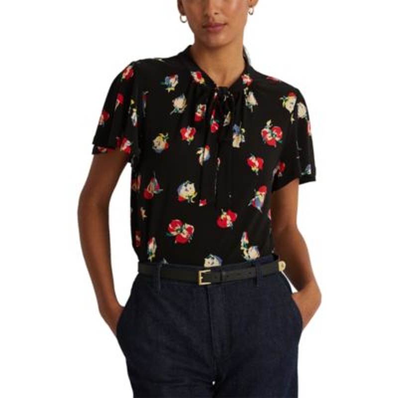 Lauren Ralph Lauren Women's Black & Red Floral Print Jersey Blouse, Size XS