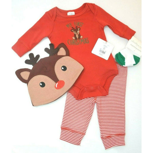 STARTING OUT Baby Boys Bodysuit Pant Hat Sock Set 4 Pc, Christmas Reindeer, NB