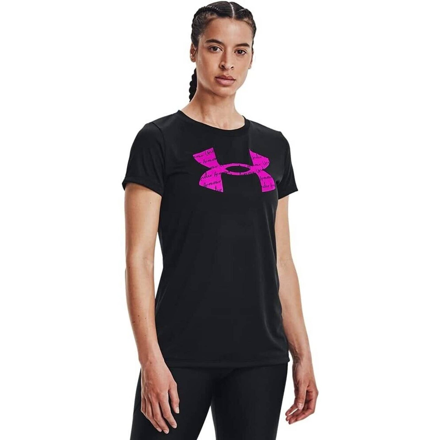 Under Armour Women's UA Tech Logo T-Shirt Black Meteor Pink, SM, NWT