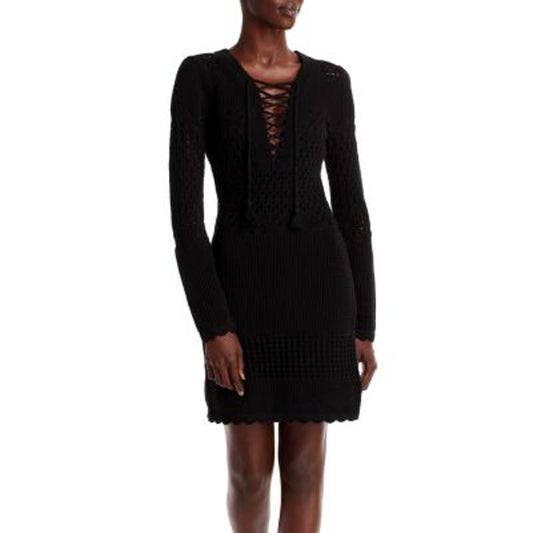AQUA Ladies Solid Black Long Sleeve Crochet Mini Dress, Size Small, NWT!